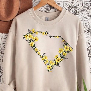 Sweat-shirt floral carte de la Caroline du Sud | Ras du cou d'État SC | Cadeau Caroline du Sud | Carte SC graphique florale | Sweat-shirt du sud