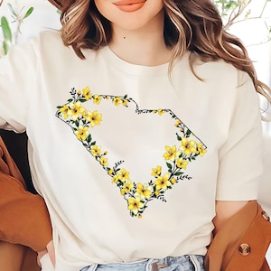 T-shirt floral carte de la Caroline du Sud | t-shirt SC State | Cadeau Caroline du Sud | Carte SC graphique florale | t-shirt Charm du Sud | Chemise à fleurs SC State