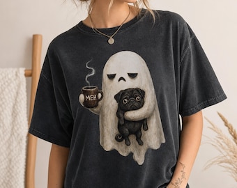 Grumpy Ghost Pug Coffee Shirt, Funny Meh Halloween Tee, Black Pug Ghost Graphic Tee, Comfort Colors