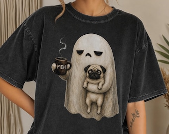 Grumpy Ghost Pug T-Shirt, Funny Meh Coffee Halloween Tee, Spooky Pug Lover Shirt, Comfort Colors