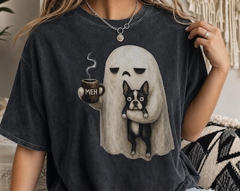 Grumpy Ghost Boston Terrier Shirt, Funny Halloween Coffee Tee, Spooky Dog Mom Graphic Shirt, Comfort Colors