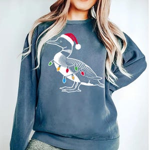 Puede incluir: Una sudadera azul con un gr&aacute;fico blanco de un colimbo con un gorro de Pap&aacute; Noel y luces de Navidad.