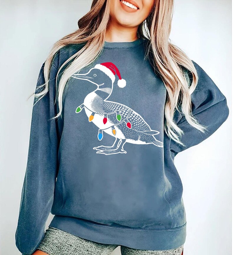Puede incluir: Una sudadera azul con un gr&aacute;fico blanco de un colimbo con un gorro de Pap&aacute; Noel y luces de Navidad.