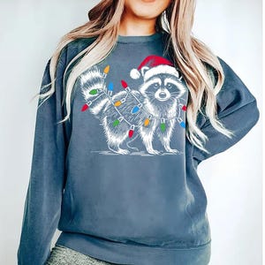 Puede incluir: Una sudadera azul con un mapache blanco que lleva un gorro de Pap&aacute; Noel y est&aacute; rodeado de luces de Navidad de colores.