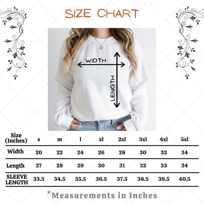 May include: A size chart for a sweatshirt, with measurements in inches. The chart shows width, length, and sleeve length for sizes S through 5XL. The text "SIZE CHART" is at the top.