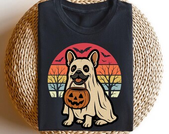 Camiseta de Bulldog Francés de Halloween: Camiseta retro de mamá perro bulldog francés al atardecer