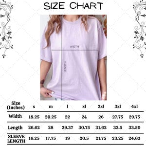 May include: Size chart for a t-shirt in sizes S to 4XL. The chart shows measurements in inches for width, length, and sleeve length.