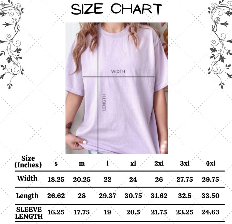 May include: Size chart for a t-shirt in sizes S to 4XL. The chart shows measurements in inches for width, length, and sleeve length.