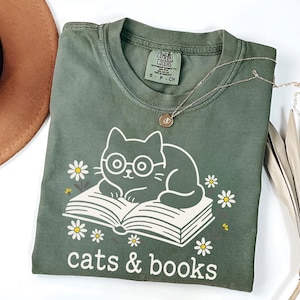 Comfort Colors Cats and Books Shirt | Cat Lover Shirt | Book Lover Shirt | Cute Cat Shirt | Reading Shirt | Love Reading | Cat Reading Shirt