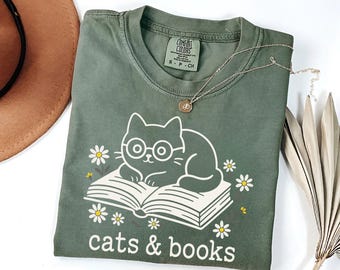 Comfort Colors Cats and Books Shirt | Cat Lover Shirt | Book Lover Shirt | Cute Cat Shirt | Reading Shirt | Love Reading | Cat Reading Shirt