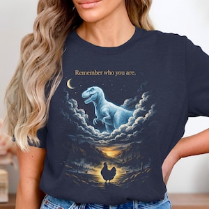 Dinosaur Graphic Tee, Remember Who You Are Shirt, Moon and Clouds Design, Inspirational T-Rex T-Shirt for Women, Casual Top