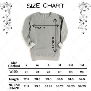 May include: Size chart for a sweatshirt in sizes small to 3XL. The chart shows measurements in inches for width, length, and sleeve length.