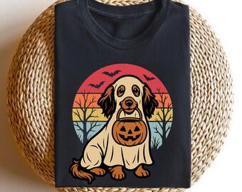 ロングヘアのダックスフンドのハロウィンTシャツ：ダックスフントのゴーストとパンプキン