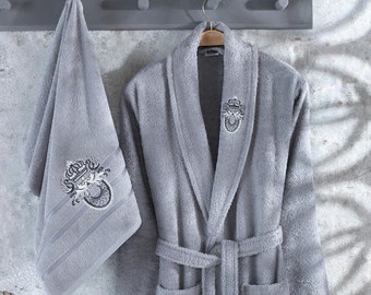 Luxurious Arya 100% Cotton Embroidered Bathrobe Set 2 pieces - Valentine's Day Gift