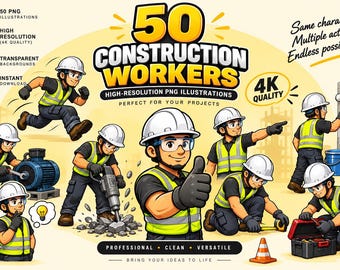 Könnte beinhalten: Eine Sammlung von 50 digitalen Illustrationen, die Bauarbeiter mit weißen Schutzhelmen, schwarzen Hemden und gelben Warnwesten zeigen. Die Figuren sind bei verschiedenen Tätigkeiten wie Streichen, Bohren und Werkzeuggebrauch dargestellt.