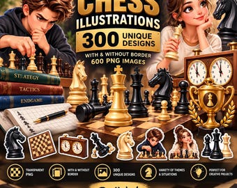 Könnte beinhalten: Eine digitale Sammlung von 300 einzigartigen Schachillustrationen mit 600 PNG-Bildern mit und ohne Rand. Das Set enthält verschiedene Schachfiguren, ein Schachbrett, eine Uhr, einen Pokal und Figuren beim Schachspiel im grafischen Stil.