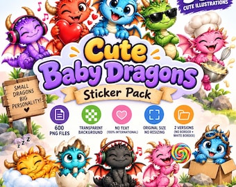 Könnte beinhalten: Ein digitales Sticker-Paket mit 300 Illustrationen von bunten Babydrachen bei verschiedenen Aktivitäten, darunter mit Kopfhörern, Herzen, Sonnenbrillen und beim Backen. Der Text lautet Cute Baby Dragons Sticker Pack.