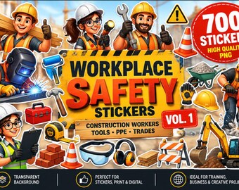 Könnte beinhalten: Eine digitale Sammlung von 700 Arbeitssicherheitsaufklebern mit Bauarbeitern, Werkzeugen und Schutzausrüstung. Das zentrale Schild zeigt den Text WORKPLACE SAFETY STICKERS VOL. 1, CONSTRUCTION WORKERS, TOOLS, PPE, TRADES.