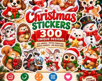 Könnte beinhalten: Eine Sammlung von 300 Weihnachtsaufklebern mit niedlichen Tieren und festlichen Charakteren wie Welpe, Pinguin, Kätzchen, Reh, Igel, Schneemann, Eisbär, Eichhörnchen, Waschbär, Hase, Eule und Fuchs, die alle weihnachtliche Accessoires tragen.
