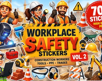 Könnte beinhalten: Eine Sammlung von Arbeitssicherheitsaufklebern mit Cartoon-Bauarbeitern, Werkzeugen und Schutzausrüstung. Das gelbe Schild in der Mitte zeigt den Text WORKPLACE SAFETY STICKERS VOL. 2 CONSTRUCTION WORKERS TOOLS PPE TRADES und 700 STICKERS HIGH QUALITY PNG.