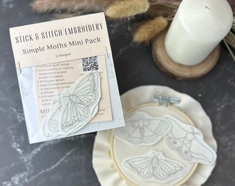 Simple Moth Embroidery Stick and Stitch Pack – Beginner DIY, 3 Designs - Wash Away Patterns
