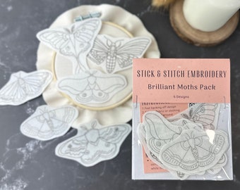 Brilliant Moths Stick and Stitch - Pack of 6 - DIY Moth Embroidery - Dissolvable Embroidery Pattern - Moth Embroidery - Beginner Embroidery