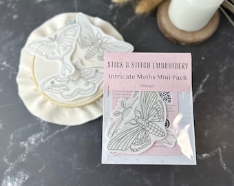 Stick and Stitch Intricate Moths - Pack of 3 - DIY Moth Embroidery - Dissolvable Embroidery Pattern - Moth Embroidery - Beginner Embroidery