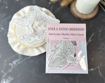 Intricate Moths Stick and Stitch - Pack of 3 - DIY Moth Embroidery - Dissolvable Embroidery Pattern - Moth Embroidery - Beginner Embroidery