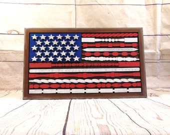 Stars, Stripes, and Spindles: Patriotic MDF American Flag Cutout | Home Accent | Tabletop Decor | Shelf Sitter | Spindle Design | MDF Cutout