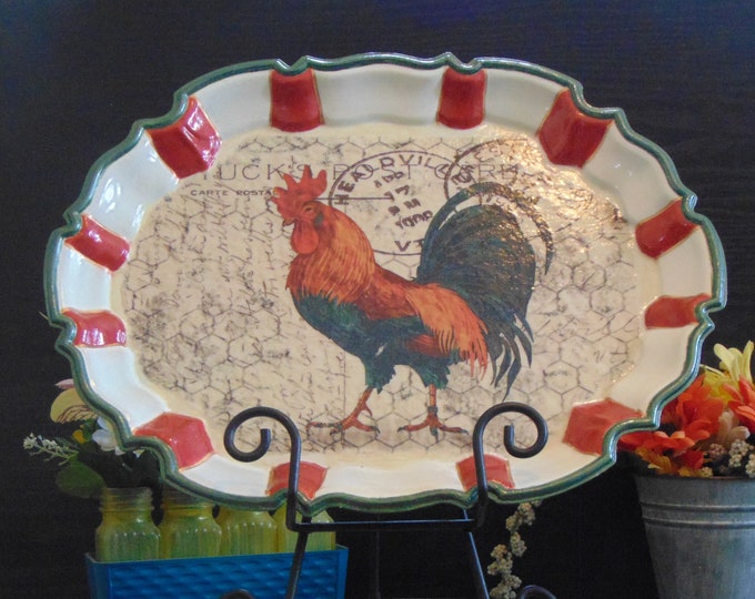 Featured listing image: Rustic Elegance: Upcycled Silver Tray with Hand-Painted Rooster and Custom Artistry | Farmhouse Decor | Statement Table Piece | Country Chic