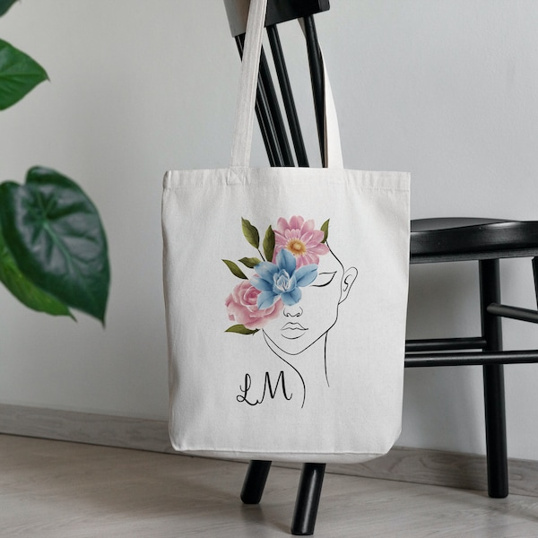 Personalized line art tote, Customizable initials tote,  Personal touch flower tote, Artistic flair carry bag, Custom initials floral tote