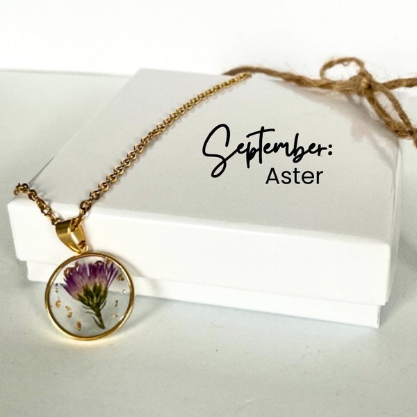 September Birth Month Flower Necklace with Real Flowers, Aster Flower Necklace, Unique Gift for Her, Gold or Silver Stainless Steel