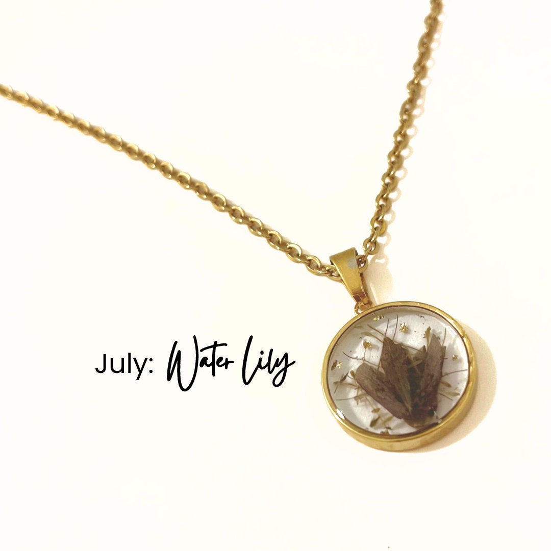 July Birth Month Flower Necklace With Real Flowers Water Lily Pendant Necklace Silver or Gold