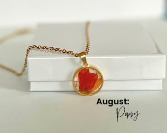 August Birth Month Flower Necklace with Real Flowers, Small Pendant Poppy Necklace, Silver or Gold Stainless Steel, Meaningful Gift for Her