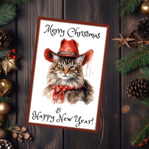 Frohe Weihnachten und glückliches neues Jahr 2018 Postkarte Cowboy Katze - Festliche Feline Grüße für Feiertage