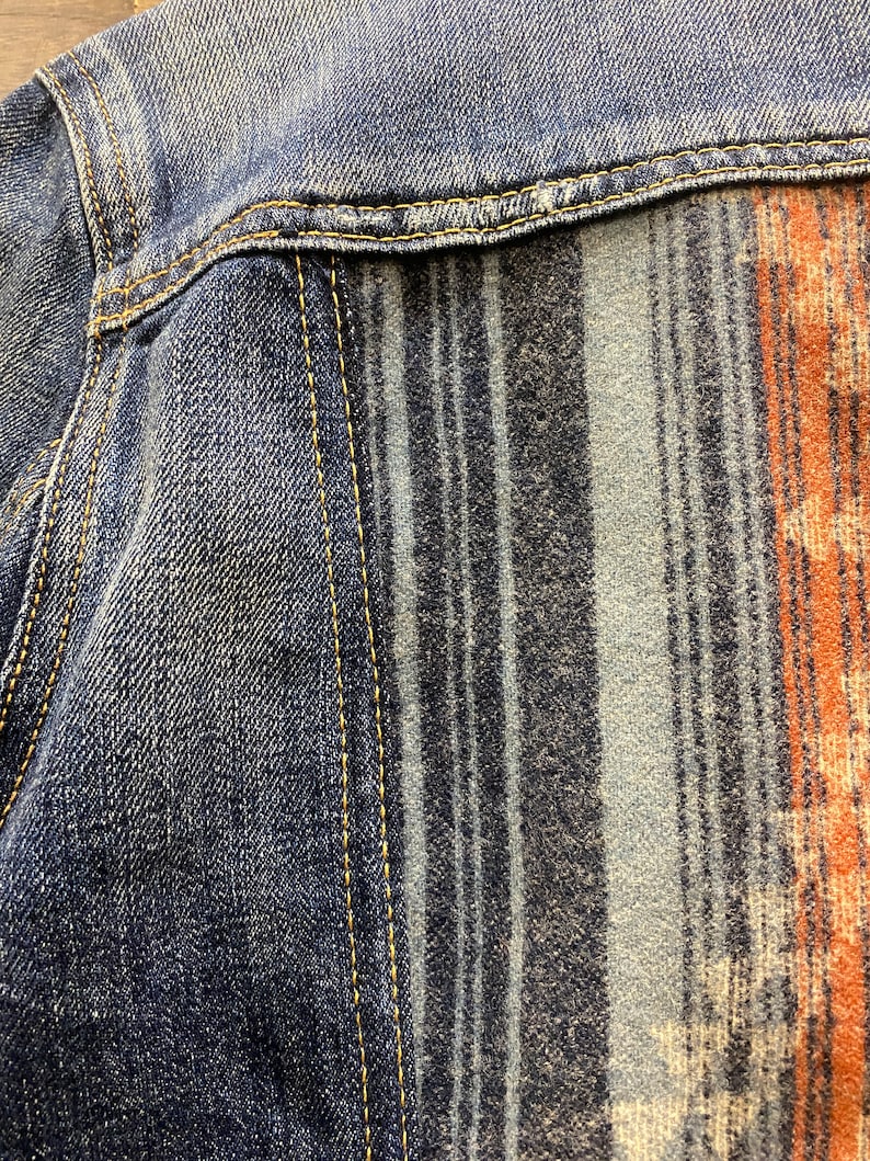 Op de afbeelding: Close-up van een denim jack met een gestreept en gepatroneerd paneel van stof. De denim is donkerblauw en het paneel is een mix van blauw, grijs en oranje.