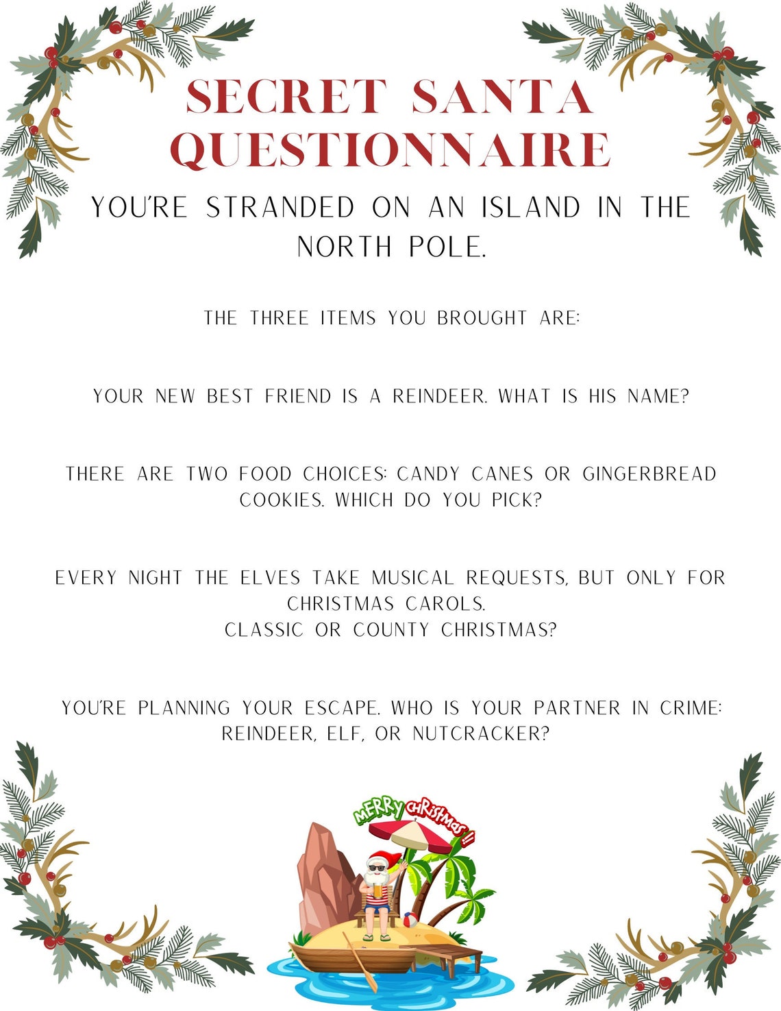 Secret Santa Fun Questionnaire - Etsy