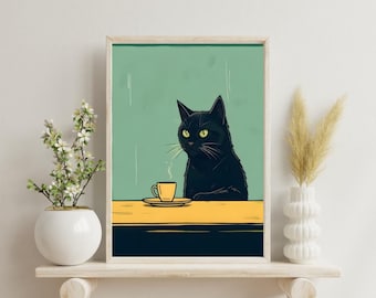 Lámina artística de "Gato con café" - Póster de "Gato con café", descarga digital imprimible, decoración del hogar y de la cocina, descarga instantánea