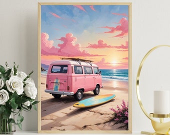 Pink Surf Van Retro Print - Pink Surf Van Retro Poster, Printable Wall Art Digital Download, Home Decor, Wall Decor, Instant Download