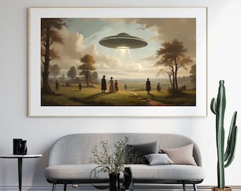 Viktorianische Landschaft mit UFO Kunstdruck – Vintage surreales Poster – Lustige Sci-Fi Wandkunst – Druckbare digitaler Download – Retro Alien Dekor