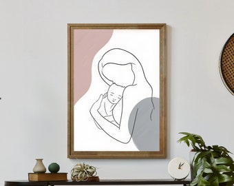 Impression d'art au trait mère et bébé - affiche d'art au trait mère et bébé, impression d'art mural imprimable en téléchargement numérique, décoration d'intérieur, décoration de chambre d'enfant