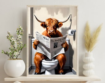 Impresión divertida de vaca de las Highlands para el baño - Póster divertido de vaca de las Highlands para el baño, arte de pared imprimible, descarga digital, decoración del hogar, decoración del baño