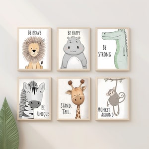 Imprimible niños afirmación conjunto de 6, impresión animal digital neutral cita, decoración de la pared del vivero de la acuarela, mono león cebra hipopótamo cocodrilo