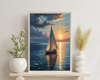 Sailboat Sunset Art Print - Sailboat Sunset Art Poster, Printable Wall Art Digital Download, Home Decor, Office Decor, Instant Download
