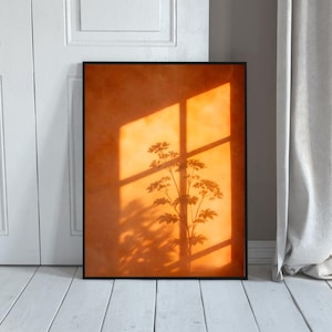 Impresión botánica de pared con sombras de ventana al atardecer, estética terracota cálida, decoración minimalista natural, descarga instantánea, decoración de pared