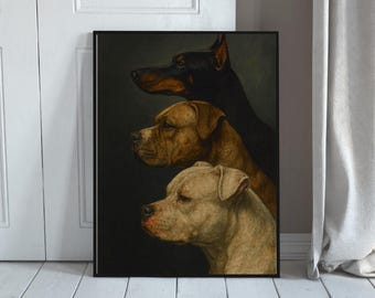 Vintage Guard Trio – Doberman, Bulldog & Pitbull Portrait | High-Resolution Printable Pet Wall Art | Digital Download