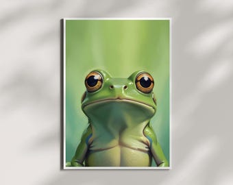 Lámina artística de rana verde elegante - Póster de rana verde, arte de pared imprimible, descarga digital, decoración del hogar, decoración del dormitorio, descarga instantánea