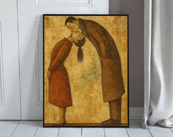Abstract Couple Kiss Art Print, Romantic Wall Art Printable, Modern Love Illustration, Minimalist Poster, Digital Download for Home Decor