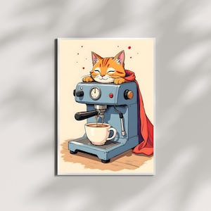 Cat with Espresso - Cat Modern Retro Frameless Canvas Wall Art for Home, Office, Bedroom Portrait Coffee Style Ink Print Poster, Wall Decor