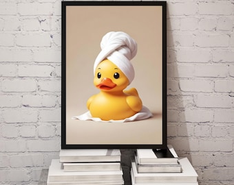 Impresión artística de un pato divertido en una toalla - Póster de un pato divertido en una toalla, arte de pared imprimible, descarga digital, decoración del hogar, decoración del baño